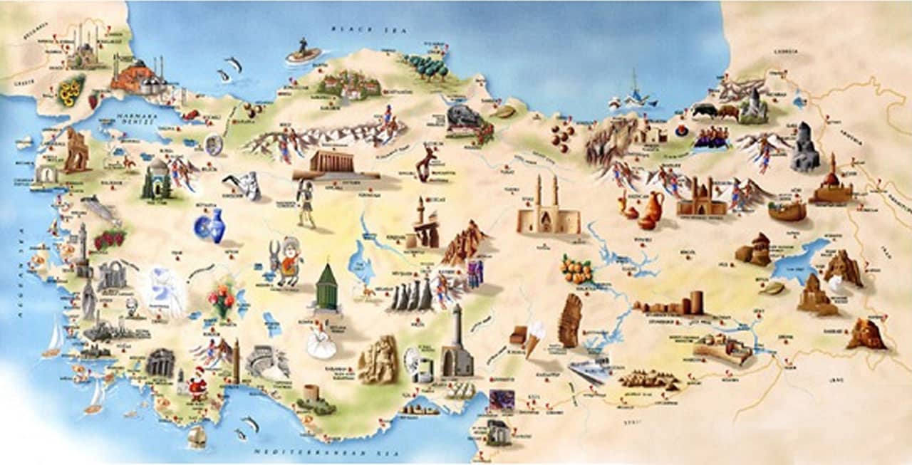 Mapa com atrações turísticas. mapa-turquia