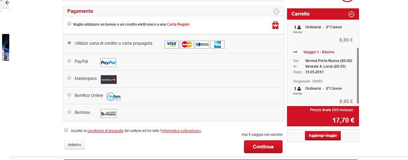Formas de pagamento da Trenitalia