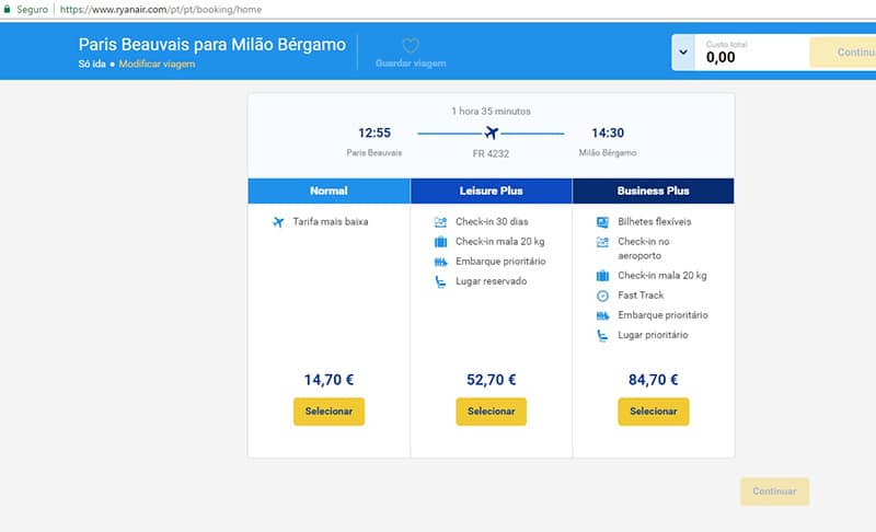 Simulação de passagem aérea por cia low cost