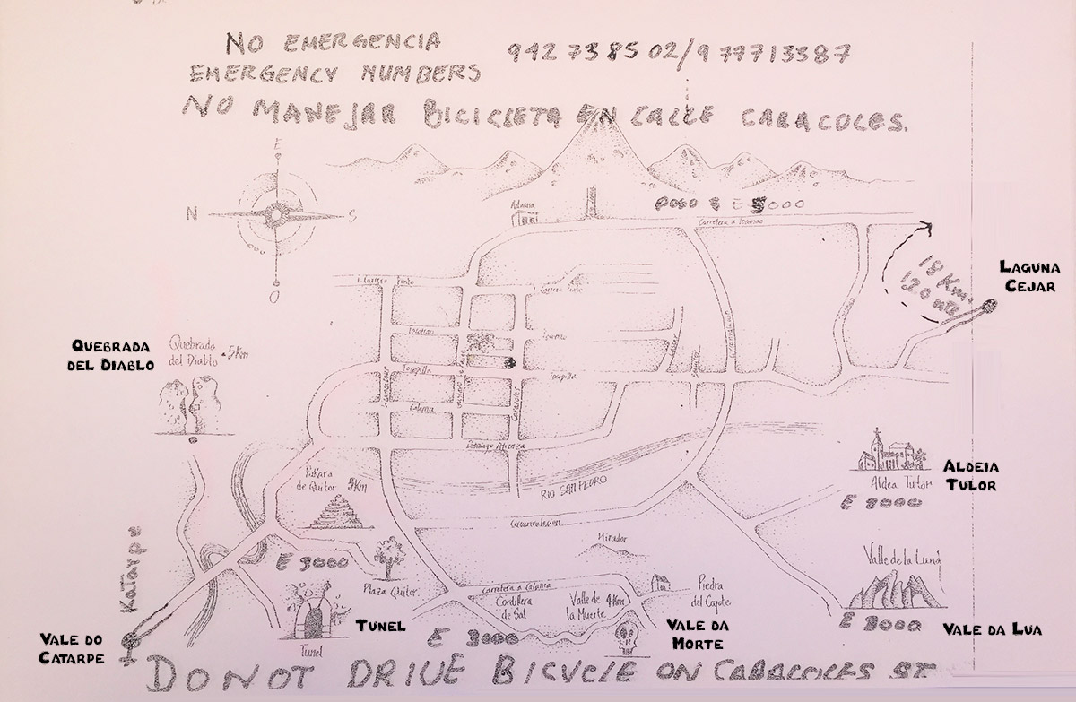 Mapa dos passeios de bike no Atacama Mapa dos roteiros de bicicleta no Atacama