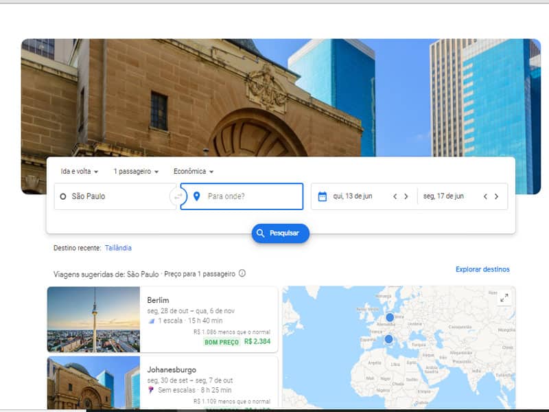 Pesquisa de passagem área no Google Flights