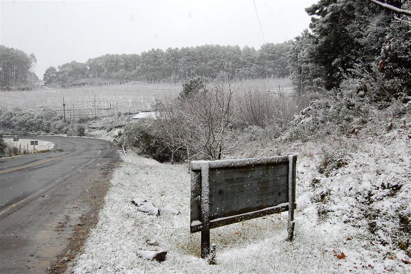 Imagem de uma estrada com um campo coberto de neve