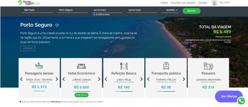 print de um painel de viagem para porto seguro com valores