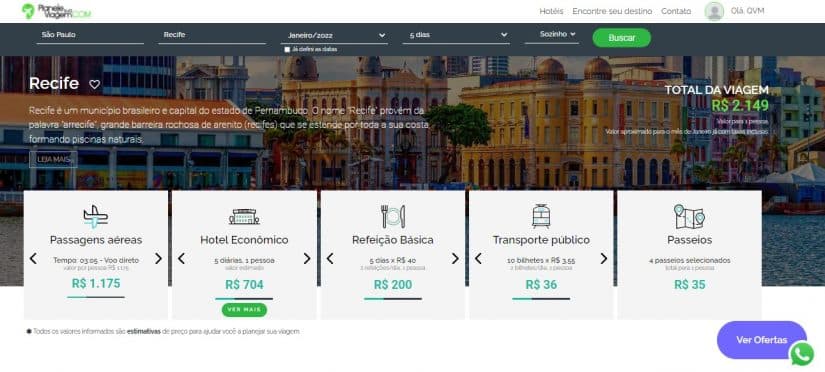 painel de menu com opções de viagens