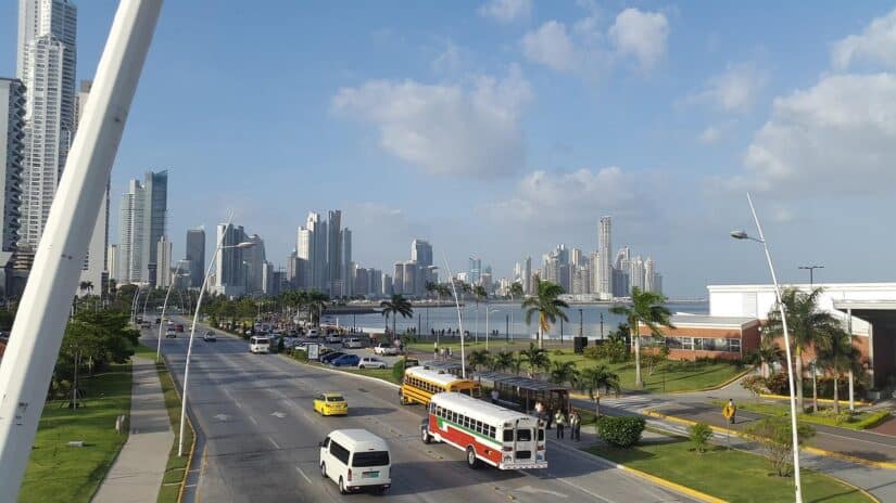 Rua da cidade ladeada por palmeiras, com trânsito e arranha-céus — perfeita para sua aventura.