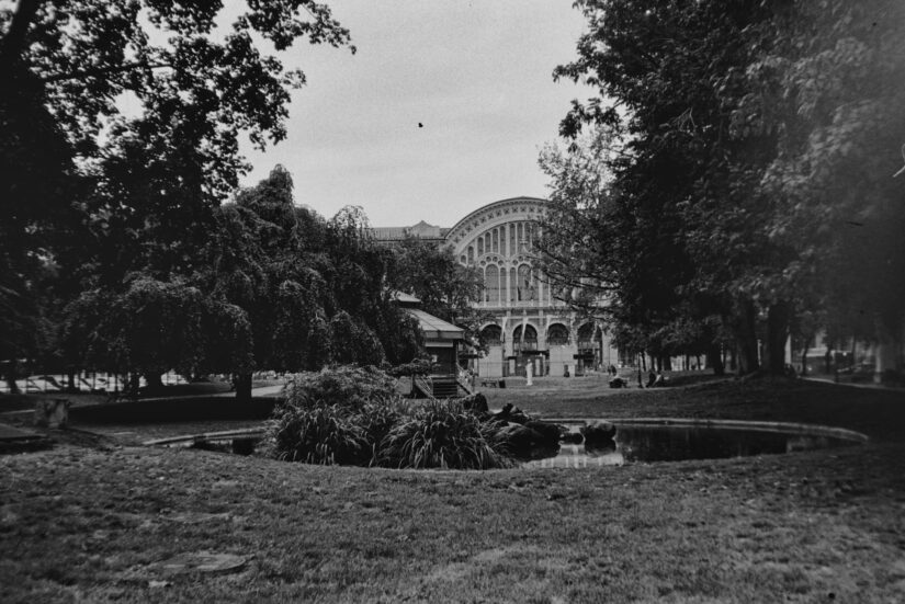 hotéis perto da Estação Porta Nuova em Torino na Itália Foto em preto e branco de onde ficar em Turim: um grande edifício atrás de árvores e um pequeno lago em um parque.