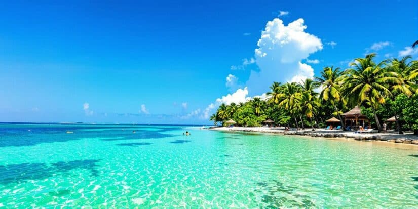 Uma praia tropical com águas cristalinas azul-turquesa, areia branca e palmeiras sob um céu azul brilhante espera por você com o chip Holafly Indonésia.