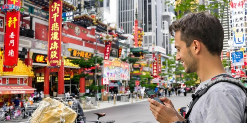 Viajante usando smartphone com eSIM Holafly Ásia em cidade vibrante.