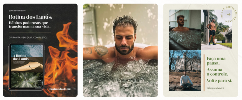 Três imagens: um anúncio de livro de autoajuda, um homem relaxando em uma banheira de hidromassagem e uma citação de bem-estar com fotos de estilo de vida.
