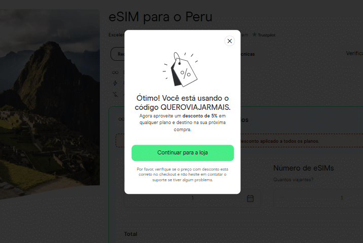 Popup mostrando desconto de 5% usando o código QUEROEUJÁRMAIS, com botão verde para continuar.