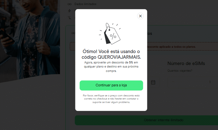 Mensagem pop-up mostrando um código de desconto de 5% QUEROVIAJARMAIS e um botão verde Continue para a loja.