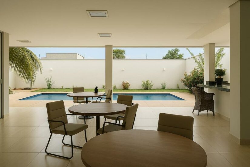 Pátio moderno com mesas redondas, cadeiras e vista para uma pequena piscina no quintal, cercado por plantas e uma parede branca.