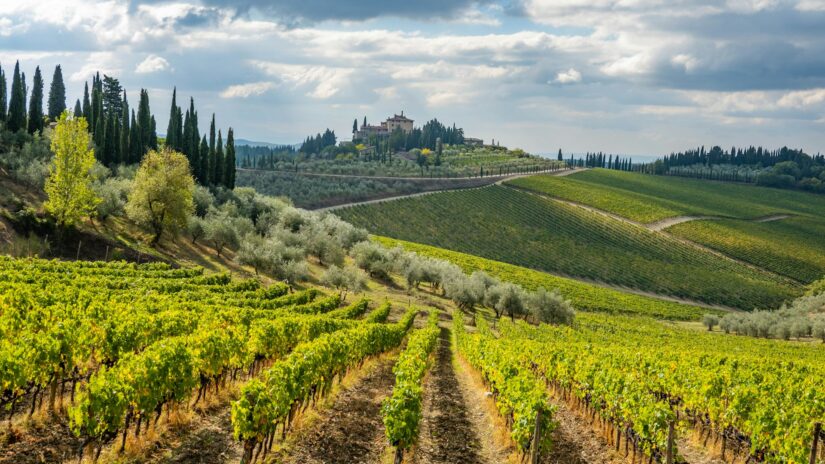 melhores hotéis em Castellina de Chianti na Itália Vinhedos verdes ondulados em Castellina in Chianti na Itália com uma vila no topo de uma colina onde ficar na Toscana e ciprestes sob um céu parcialmente nublado no campo.