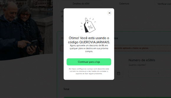 desconto de 5% com o código QUEROVIAJARMAIS para comprar eSIM