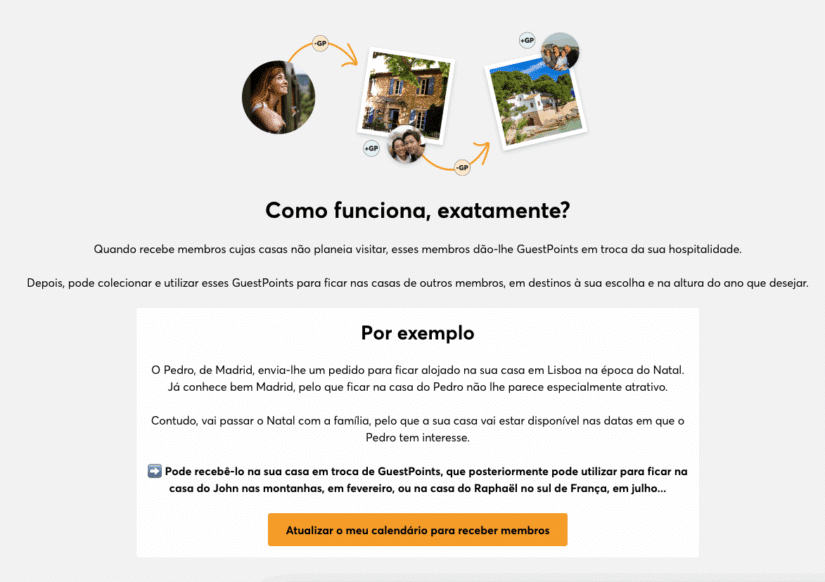 Site que explica como os GuestPoints funcionam para trocas de casas, com fotos, setas e um exemplo de cenário em uma caixa de texto.