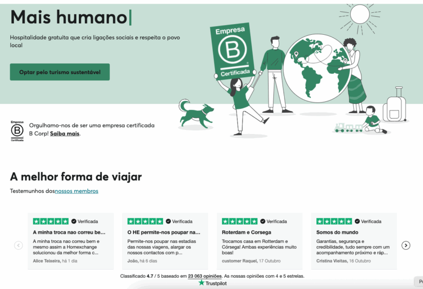 Seção do site que promove o turismo sustentável com pessoas ilustradas segurando um globo terrestre e comentários sobre o Home Exchange é confiável abaixo.