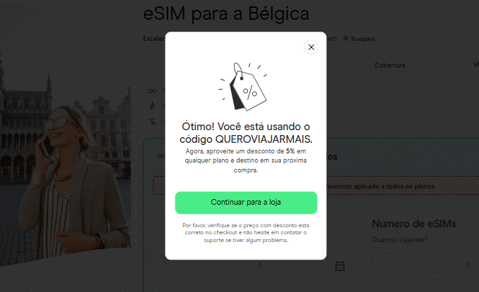 Popup com confirmação de desconto de 5% usando o código QUEROVIAJARMAIS em site de eSIM para Bélgica.