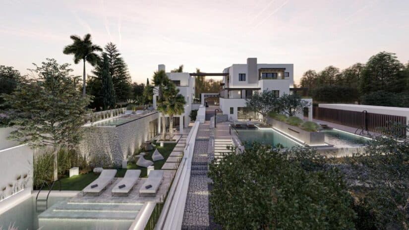 onde ficar em Creta em Agios Nikolaos Villa moderna ao pôr do sol, com piscinas, palmeiras e espreguiçadeiras — perfeita para achar hotéis em Agios Nikolaos.