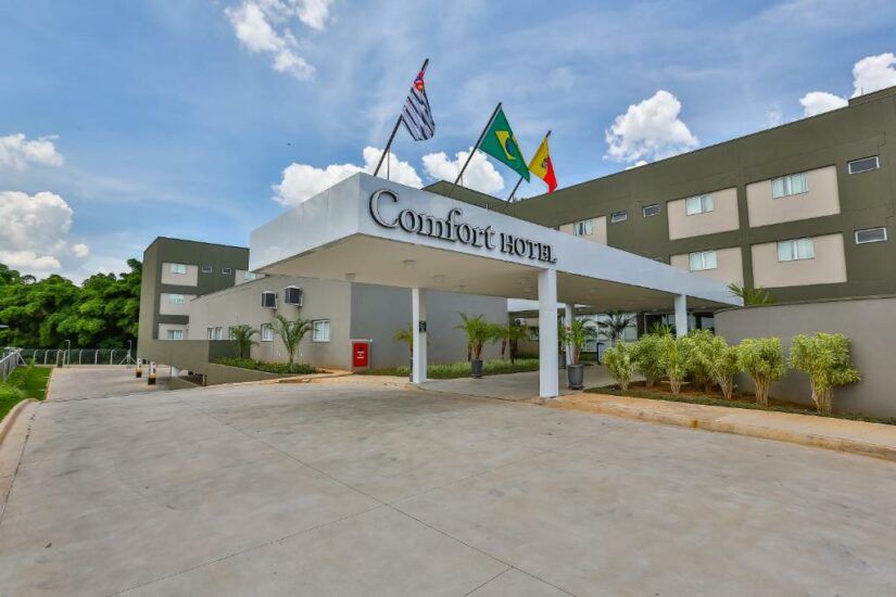 onde ficar em Espírito Santo do Pinhal e Mogi Guaçu em SP Vista externa do Comfort Hotel com três bandeiras e uma entrada de automóveis sob um céu azul nublado.