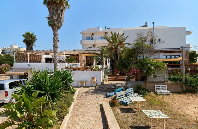 hotéis em Sant Ferran de Ses Roques em Formentera nas Ilhas Baleares na Espanha Edifício branco onde ficar em Formentera em estilo mediterrâneo com palmeiras, vegetação e assentos ao ar livre sob um céu azul claro.