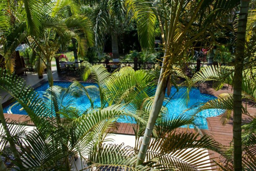 As palmeiras cercam uma piscina azul com deck de madeira onde ficar em Ilha Comprida em um cenário de jardim tropical exuberante.
