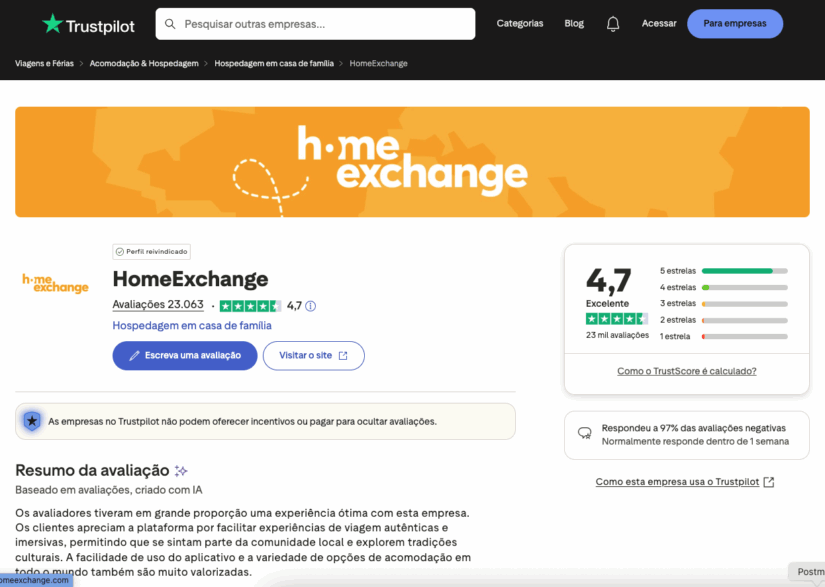 Página de avaliação da Trustpilot para o HomeExchange, mostrando se o Home Exchange é confiável, com avaliações e detalhes em português.