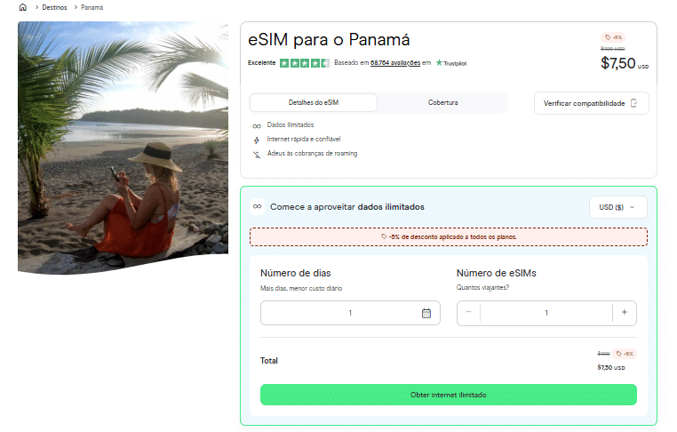 Quanto custa um eSIM com internet sem limites no Panamá? planos de dados eSIM do Panamá