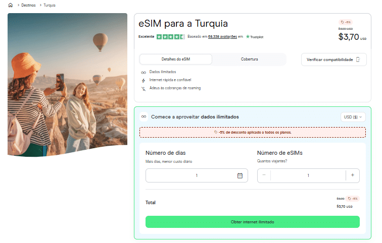 Cupom de desconto para eSIM internacional plano de dados eSIM da Holafly Turquia.