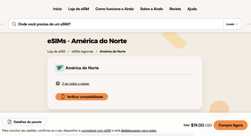 Airalo América do Norte: A página do eSIM exibe o preço, o botão de compra e a verificação de compatibilidade em português.